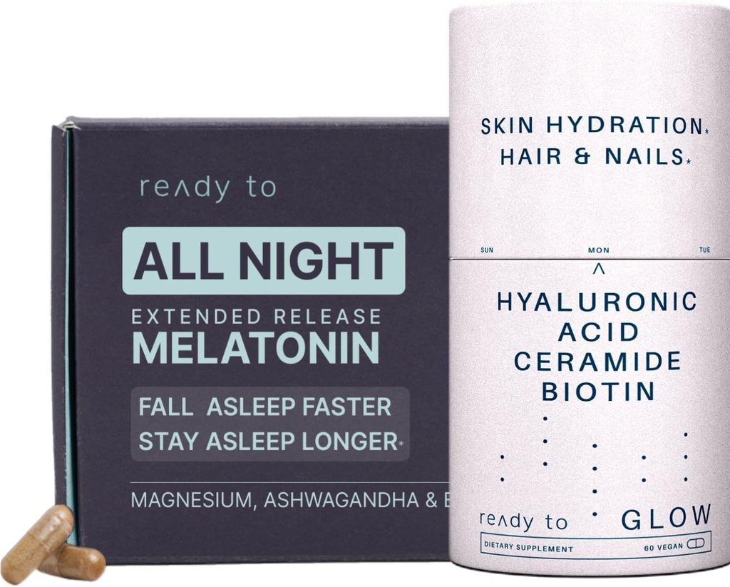 Hydration & Sleep Aid Set | Supporto anti-invecchiamento e sonno con acido ialuronico, Ceramides, antiossidanti, melatonina e Ashwagandha | Pelle radiante & Restful Sleep Pack