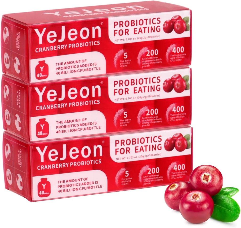 YeJeon Cranberry Probiotiques pour les femmes - PH Balance, digestif, UT et santé féminine - 40 milliards CFU - 5 souches uniques pour les femmes - Probiotique biologique pour la santé vaginale des femmes-3 emballages