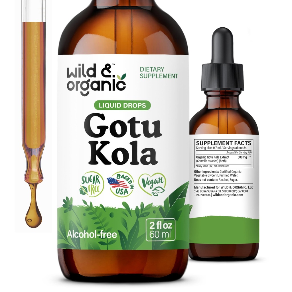 Wild & Organic Gotu Kola Herb Tincture - Brain Support - Gotu Kola Liquid Extract Drops - Vegan, Sugar & Alcohol-Free Centella Asiatica Supplement - 2 fl oz