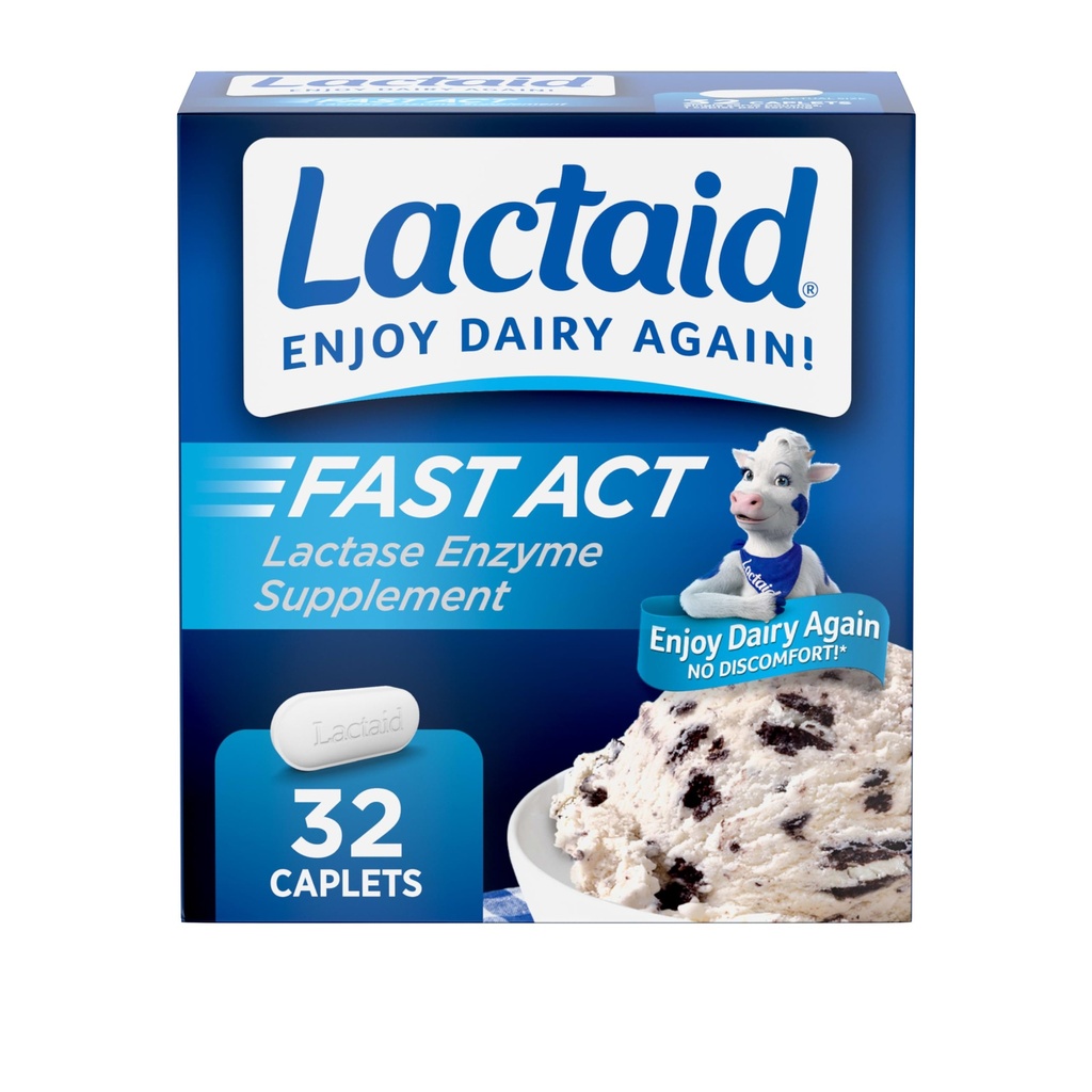 Lactaid Fast Act Caplets de soulagement de l'intolérance à la lactose avec la lactase enzymatique pour prévenir le gaz, le gonflement et la diarrhée en raison de la sensibilité à la lactose, idéal pour le voyage et sur le pouce, 32 paquets de 1-Count