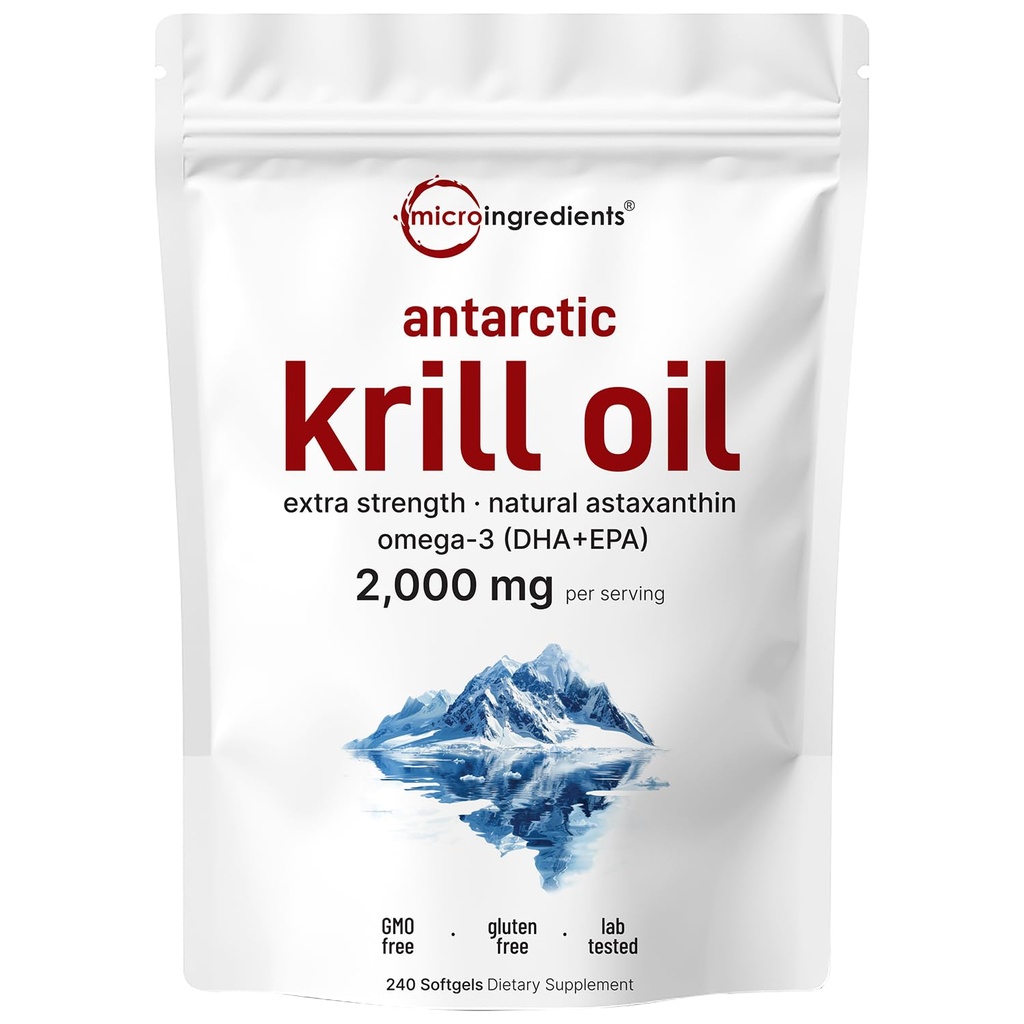 Micro Ingredients Antarctic Krill Oil Supplement, 2,000mg Per Serving, 240 Softgels, Triple Strength, Rich in Omega-3s EPA, DHA & Natural Astaxanthin, Supports Immune System & Brain Health