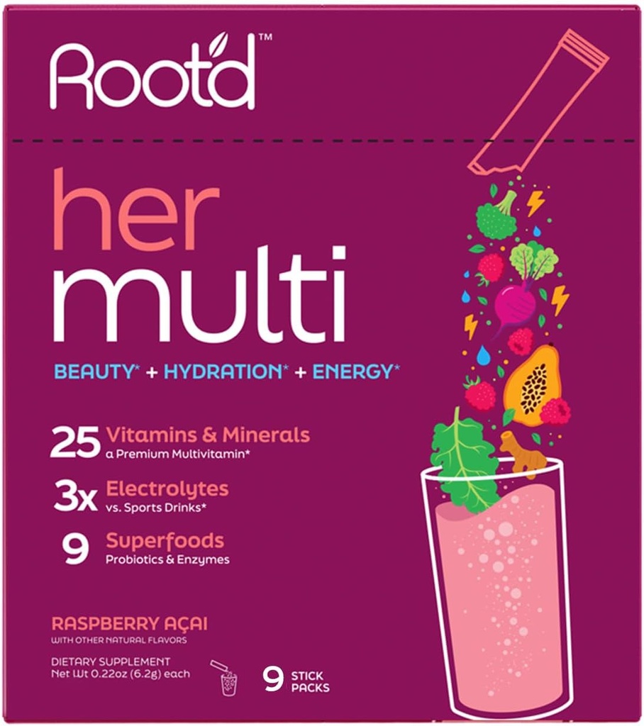 Root'd Multivitamin Powder for Women - 25 Vitamins & Minerals with 3X Electrolytes, 9 Organic Superfoods, Probiotics & Enzymes, Sugar-Free Multivitamin & Hydration | 9 Vitamin Drink Mix Packets