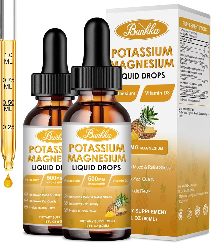 (2 Pack) Kalium-Magnesium-Ergänzung, Magnesium-Kalium-Ergänzungen mit Calcium, Vitamin D3, Zink, Zucker Free & Vegan Liquid Drops Supplement für Leg Cramps, Energie, für Erwachsene und Kid