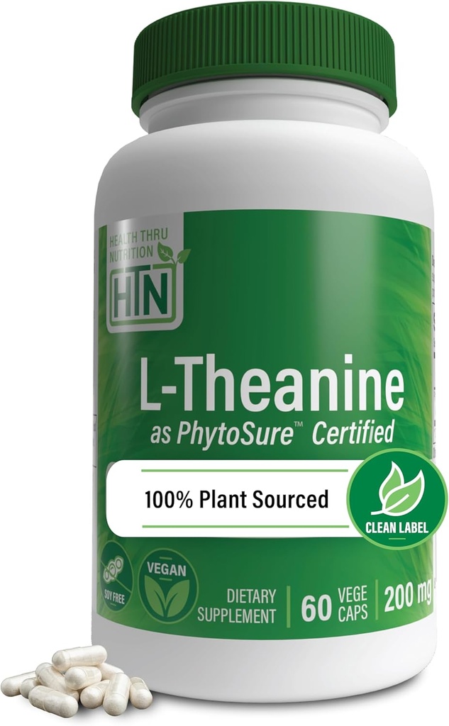 Gesundheit Thru Nutrition L-Theanine 200mg 60 Vegecaps PhytoSure Certified | Unterstützt gesunde Entspannung & Fokus | 3. Partei getestet | Clean Label, Non-GMO, Gluten & Soy Free, Allergiker
