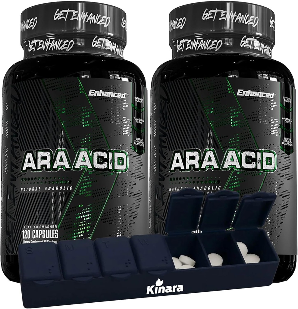 Enhanced Athlete - Arachidonsäure-Ergänzung - Muskel- und Kraft-Ergänzung für erhöhte Muskelmasse und verbesserte Erholung für Männer und Frauen (120 Kapseln) - 2 Pack mit Kinara Pill Organizer