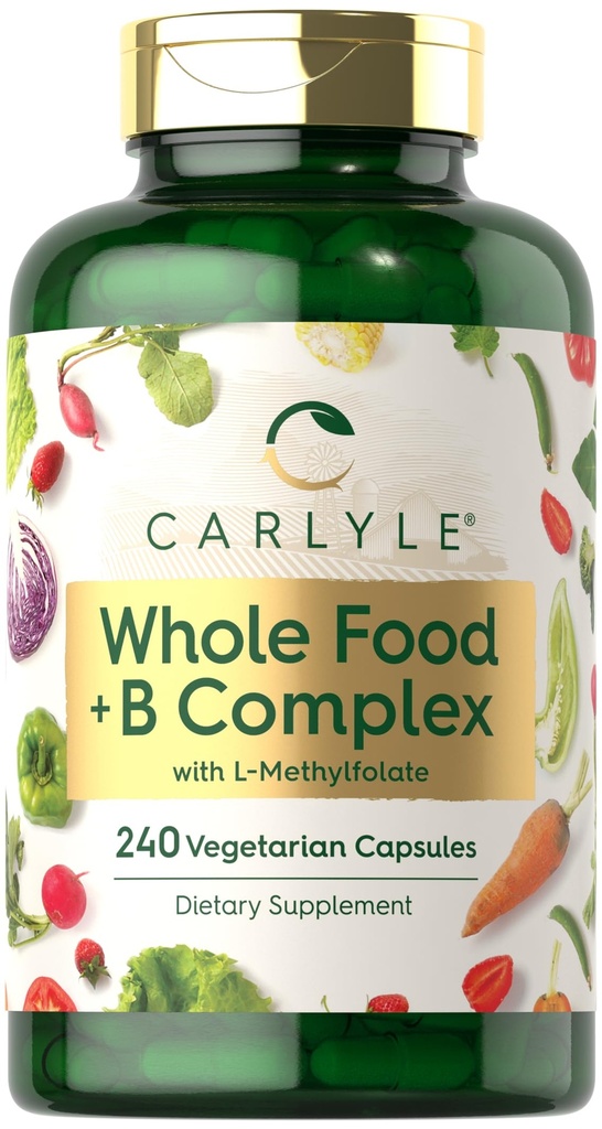 Carlyle Vitamin B Complex Whole Foods Blend | 240 Kapseln | mit B1, B2, B6, B12, Biotin, Niacin und Methylfolat | Vegetarische, nicht-GVO & Glutenfreie Ergänzung