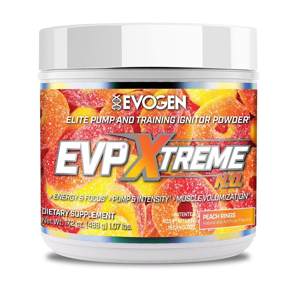 Evogen EVP Xtreme NO - Pre Workout Pulver für Männer & Frauen | Sugar Free Preworkout mit Beta Alanine, Kreatin und Koffein für Energie & Pumpe | Peach Ringe | 40 Servietten