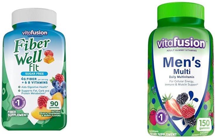 Vitafusion Fiber Well Fit Gummies Supplement, 90 Count (Packaging Mai Vary) & Adult Gummy Vitamine für Männer, Berry Flavored Daily Multivitamine für Männer mit Vitaminen A
