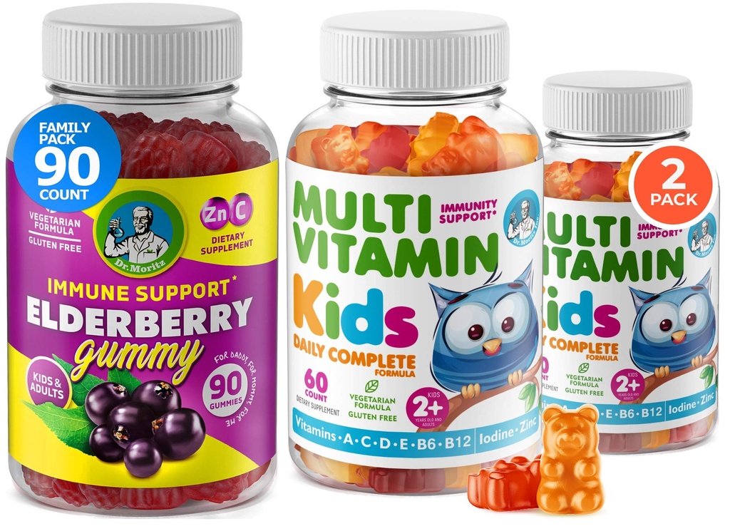 Bambini Multivitaminici Gummies 14 Vitamine essenziali e Gummie di sambuco per bambini e adulti Vitamina A, C, D, E Vegetariano B6 & B12, Zinco, Biotin Gummy Multivitaminici per bambini + Supporto immunitario