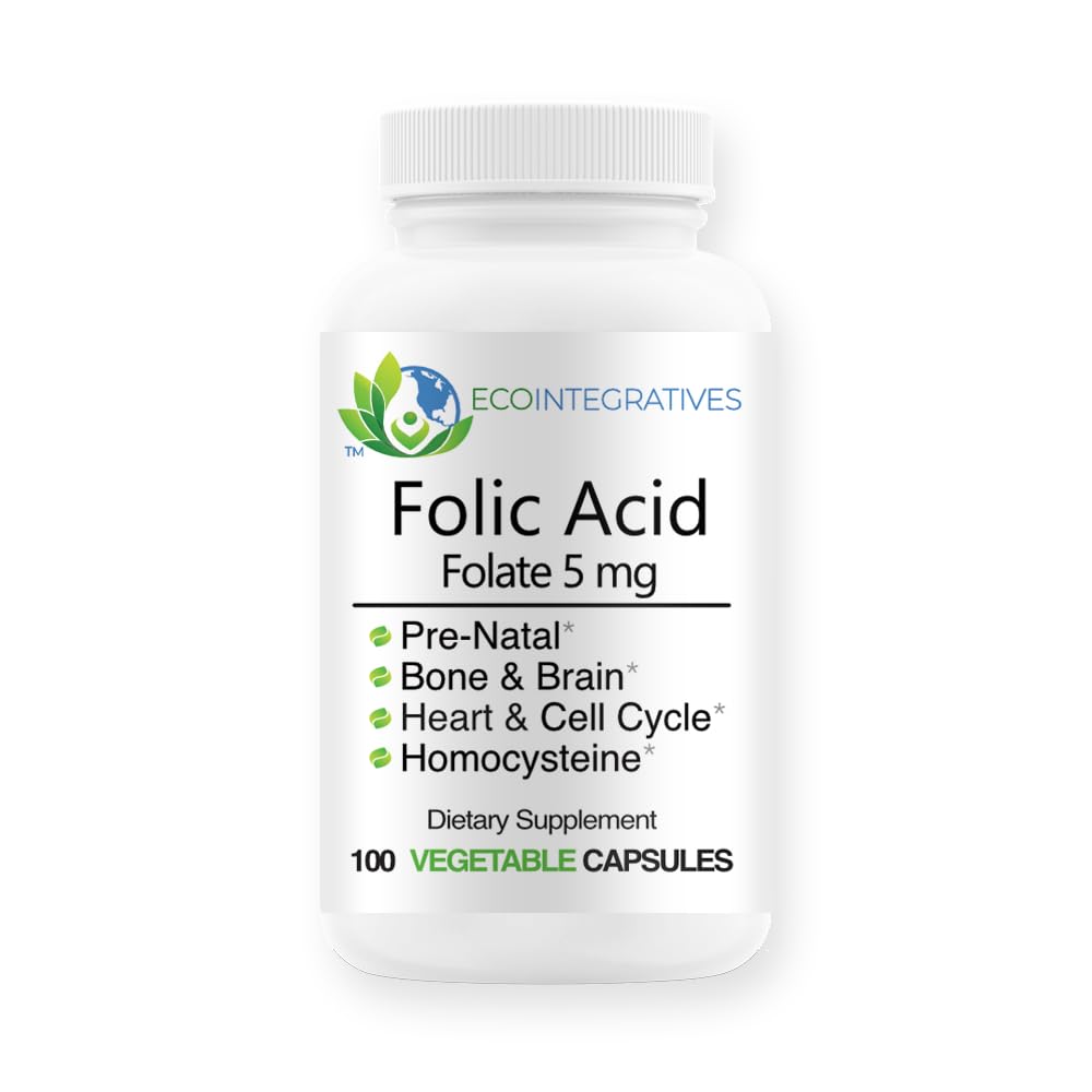 Acido Folico Folate 5mg (B9) Prenatale, Salute riproduttiva, Omocisteina, Metabolismo, Cardiovascolare, Bone, Supporto immunitario, Allergeni Libero, Non OGM - 100 capsule vegane