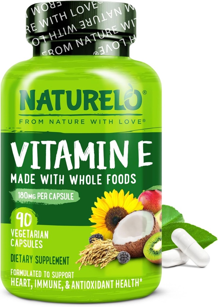 NATURELO Vitamina E - 180 mg (300 UI) di Tocoferoli Misti Naturali da Cibo Intero Organico - Supplemento per Pelle sana, Capelli, Unghie, Immune & Eye Health - Non OGM, Soy Free - 90 Capsule Vegan