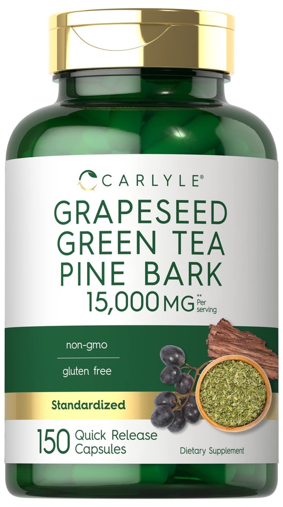 Carlyle Grapeseed, The verde, Pine Bark | 15.000 mg | 150 capsule | Non OGM e Gluten supplemento gratuito