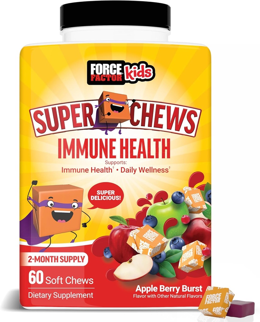 FORCE FACTOR Kids Immune Health Super Chews, Kids Immune Support Supplement with Vitamin D for Kids, Elderberry, Vitamin C, & Zinc, 2-Month Supply, Non-GMO, Apple Berry Flavor, 60 Soft Chews