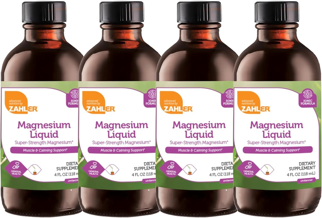 Zahler Magnesio Liquido Super-Strength Magnesium Supporto per la calma del muscolo, 4 FL OZ. Non aromatizzato. (4 Confezione)