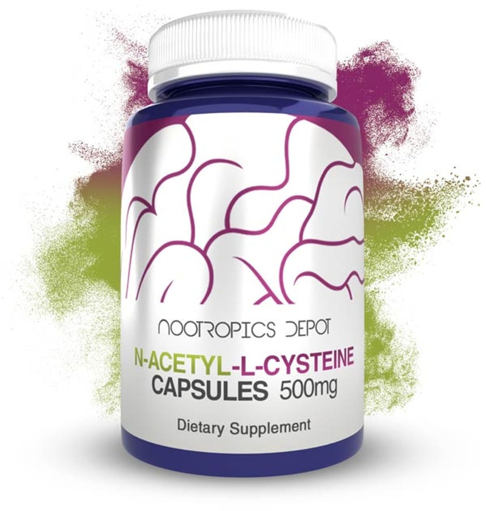 Nootropics Depot N-acétyl L-Cystéine Capsules: 500mg NAC: 180 Count: soutient la santé du foie Santé cellulaire: niveaux de glutathion: niveaux d'oxydation sains