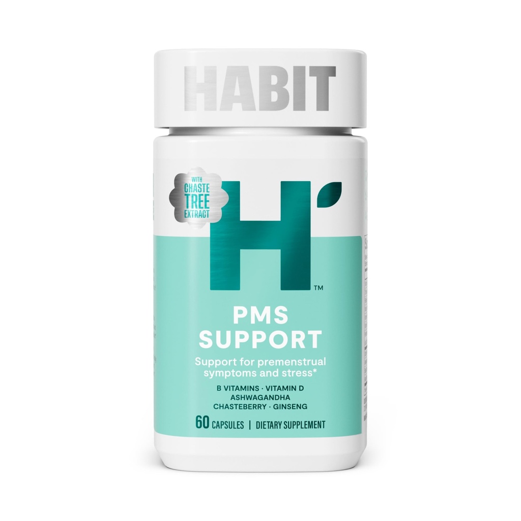 Habit PMS Support Supplement for Women (60 Capsules) - Soutient les symptômes prémenstruels et le stress, l'équilibre hormonal, l'humeur, les vitamines B, la vitamine D, Chasteberry, Ashwagandha, sans gluten, non-OGM (1 pack)