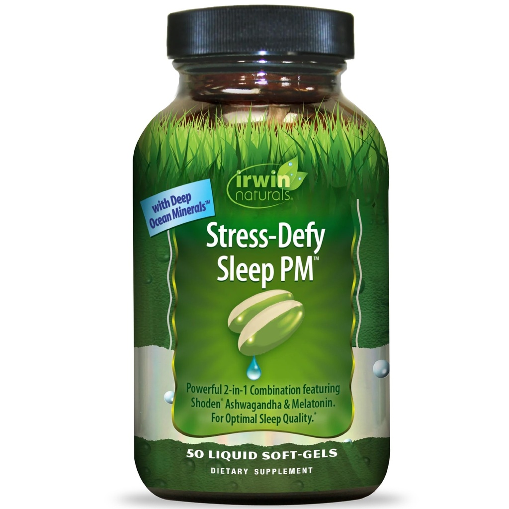 Irwin Naturals Stress-Day Sleep PM - 50 liquides Soft-Gels - Combinaison puissante 2-en-1 avec Ashwagandha et Melatonin - 25 portions