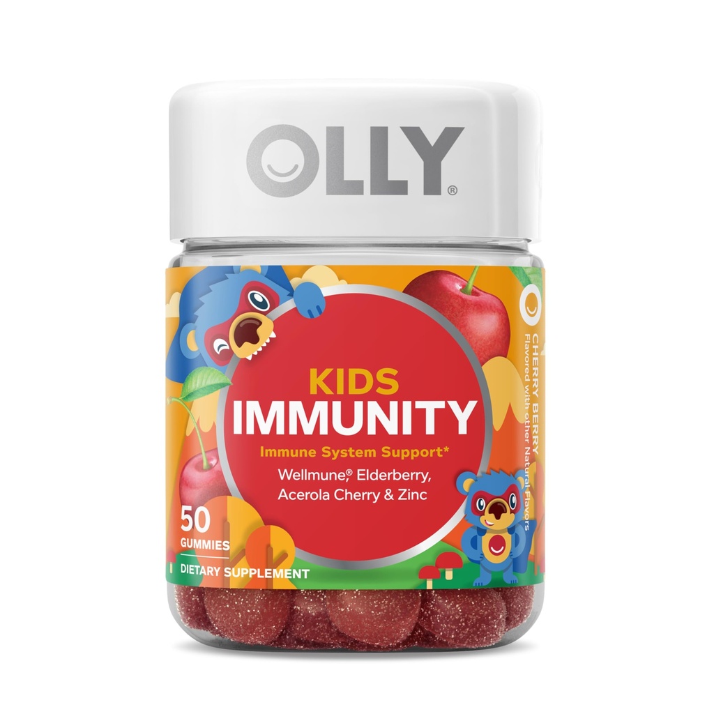 OLLY Enfants Immunité Gummy, Immune Support, Wellmune, Elderberry, Vitamine C, Zinc, Supplément à croquer, Cerise - 50 Compte