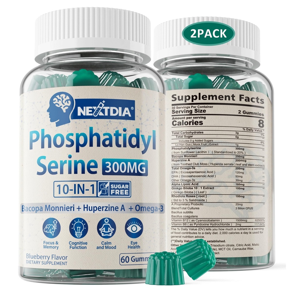 Phosphatidylserine - Nootropic Brian Supplement, Focus & Energy Gummies+ Bacopa Monnieri, Omega 3, Huperzine A, Methyl B12 & B6 per senior, Gamers, Workers, Non-GMO, Caffeina-Free, Sugar Free, 2 Pack