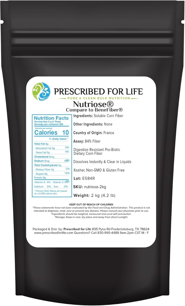 Prescribed for Life Nutriose Powder, Natural Fiber Supplement, Prebiotic Soluble Corn Fiber für Erwachsene, Glutenfrei, Vegan, Non GMO (2kg / 4.4lb)