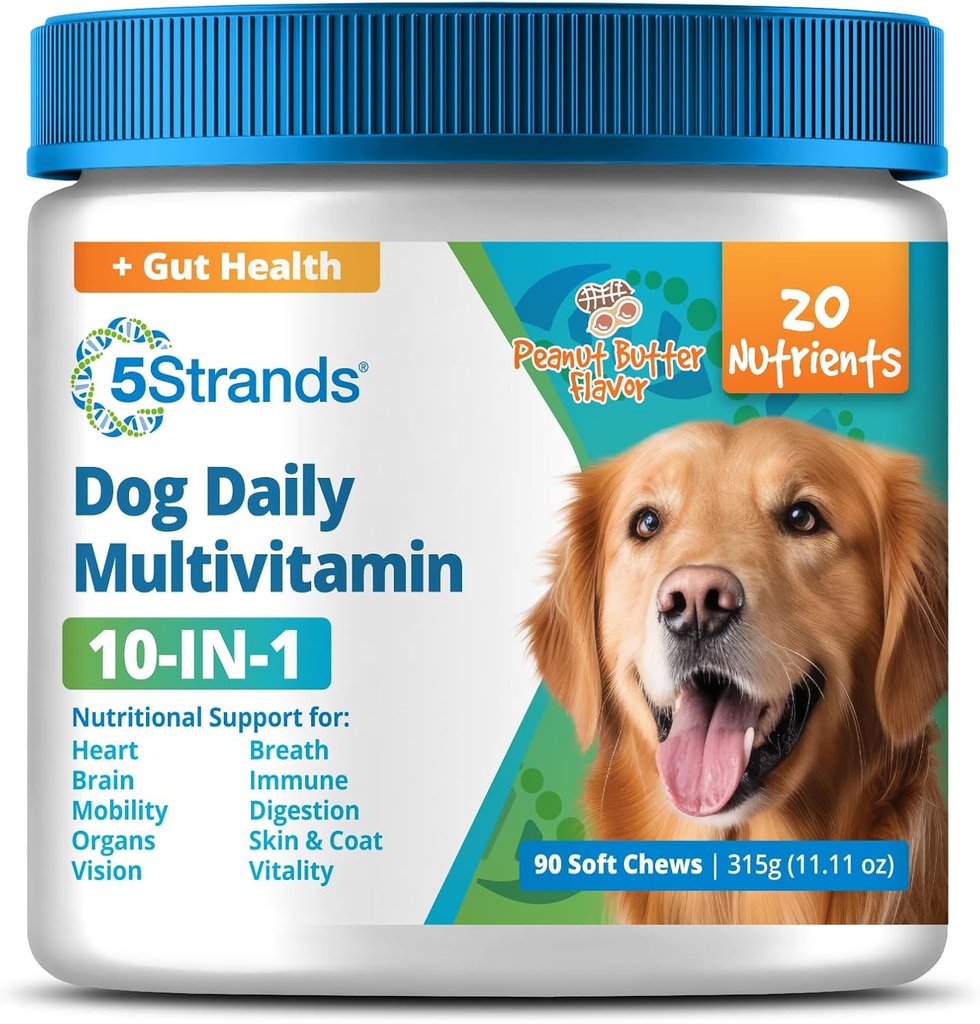 5Strands Dog Multivitamin Chews, 10-in-1, Vitamine & Postbiotici, Tutte le età e le razze - Digestione, Cervello, Organi, Cuore, Mobilità, Visione, Skin & Coat, Immunity - Supplemento per cani (Peanut Butter, 90ct)