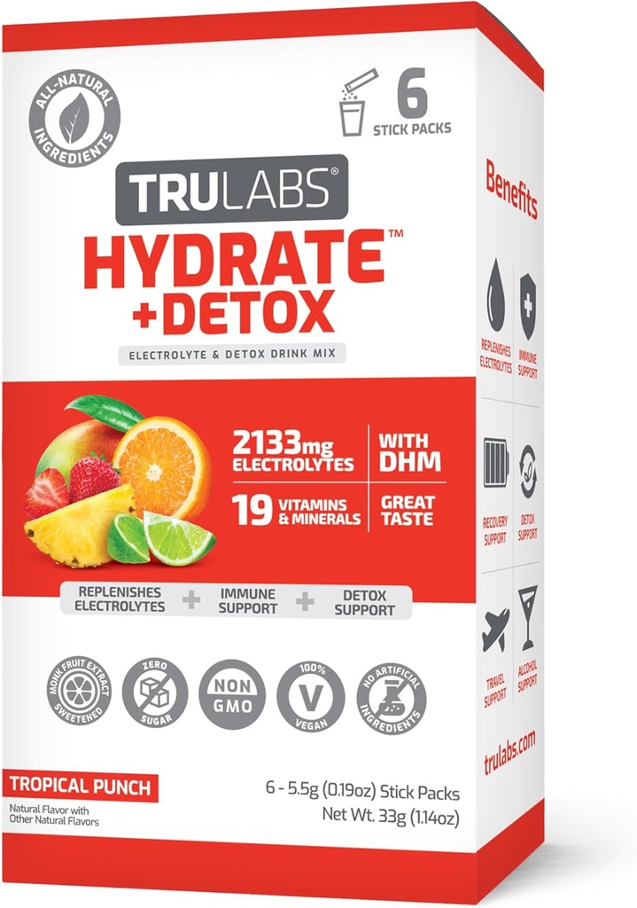 TRULABS Hydrate + Detox - Punch tropicale. Imballaggio di idratazione degli elettroliti senza zucchero. Ogni dose contiene 1422 mg di elettroliti &19 vitamine & minerali & DHM (6ct)