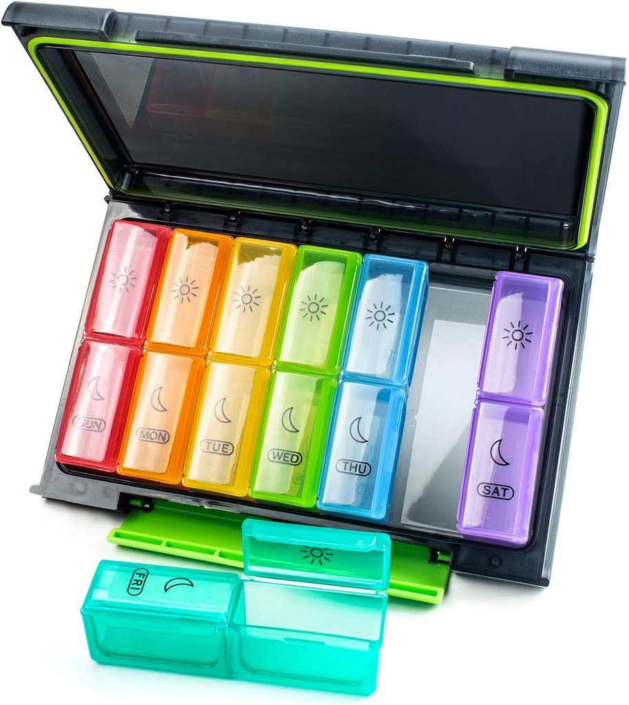 Organisateur hebdomadaire de pilules 2 fois par jour, coque de pilule de 7 jours, grande boîte à pilules portable pour voyager avec des contenants individuels amovibles pour contenir des vitamines, suppléments et médicaments