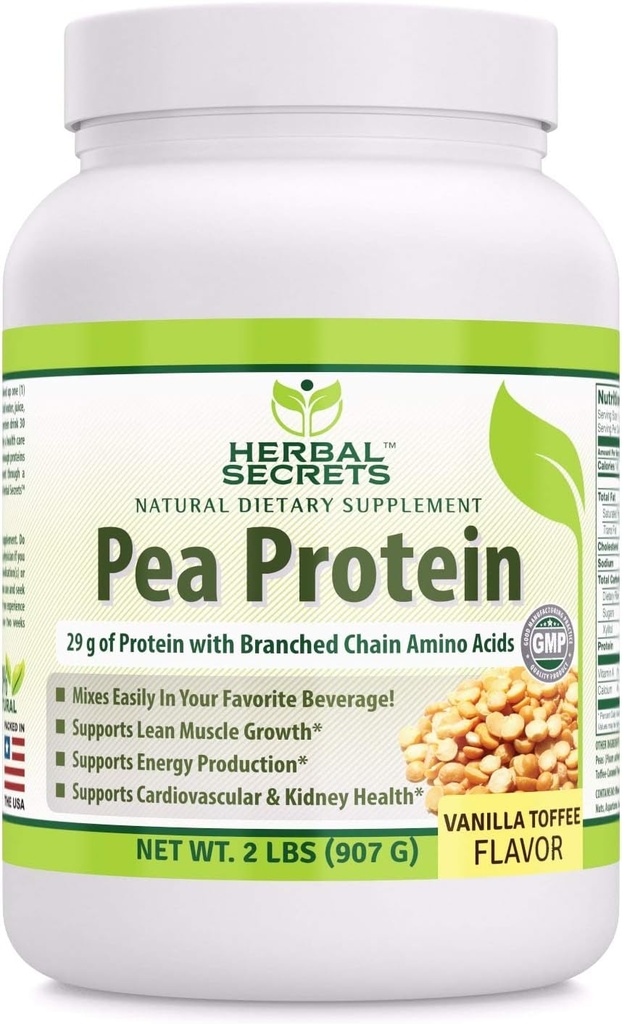 Herbal Secrets Pea Protein Powder Vanilla Toffee Flavor 2 lbs (non OGM) - Supporta la produzione di energia e la crescita del muscolo - promuove la funzione cardiaca e del rene*