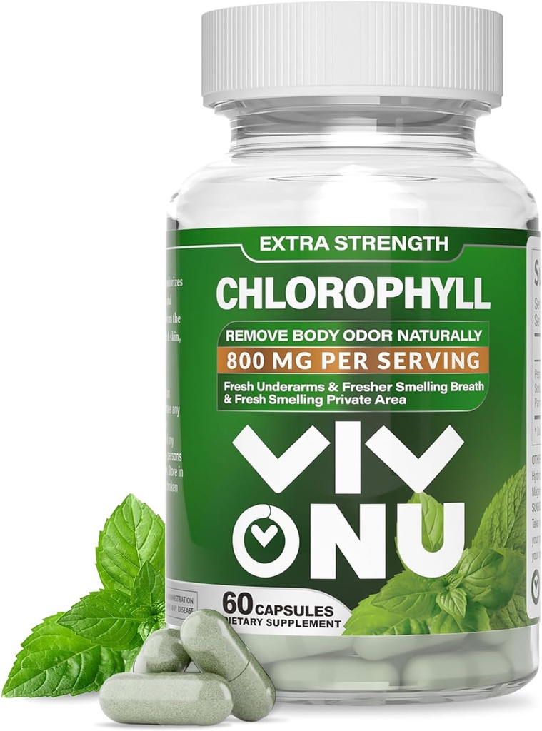 Capsules de chlorophylle 800 mg - Capsules naturelles de chlorophylle pour les femmes et les hommes - Supplément de chlorophylle sûr et de qualité pour l'énergie, l'immunité, le soutien de la peau + Déodorant interne (60 Capsules/1 bouteille)