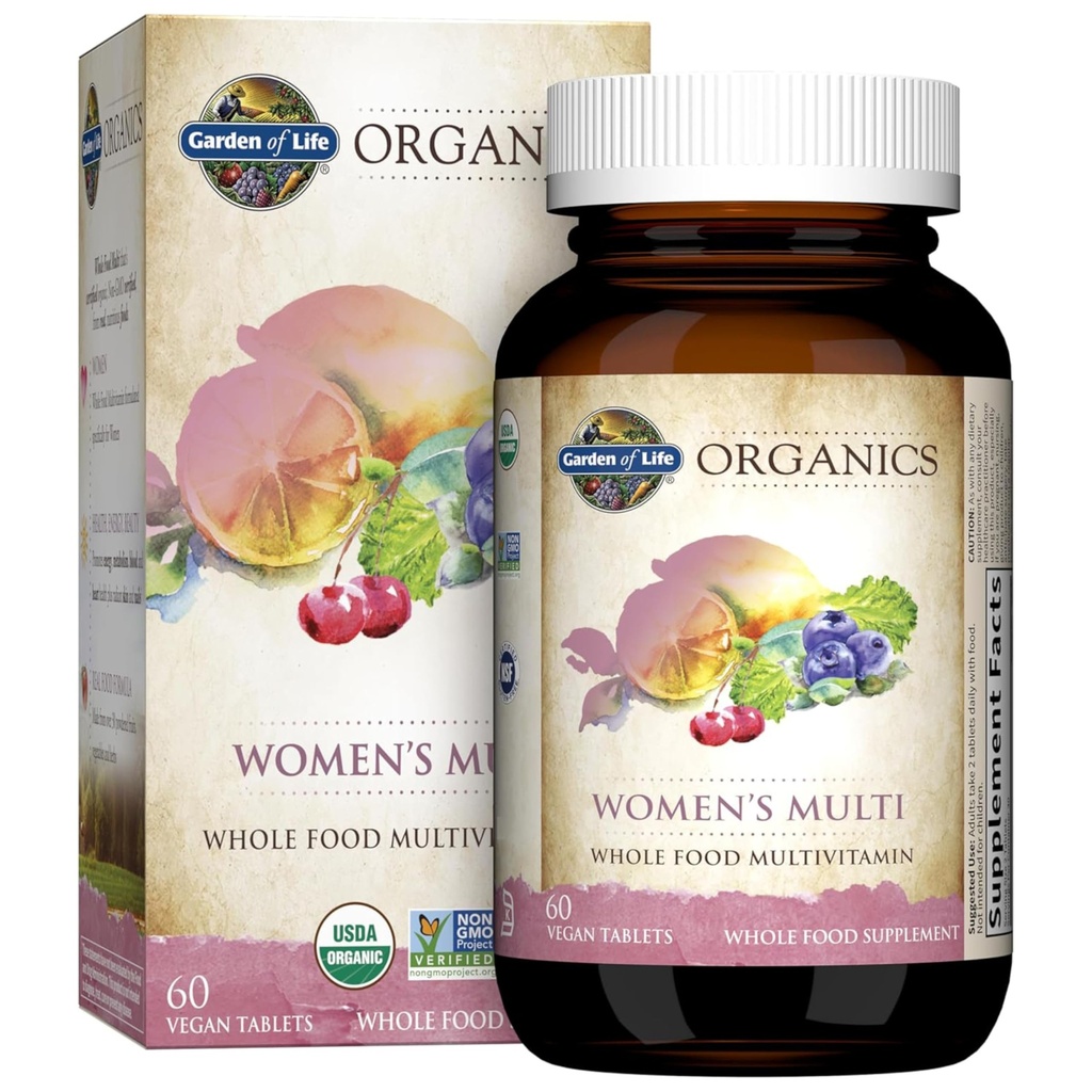 Giardino della Vita Organici Multivitamina Organica per Donne - Donne Multi con Vitamina C, D, Folate, B6, B12, Biotina, Ferro, Vegan Vitamine Alimentari Intere per Donne, Energia, Pelle, Unghie, 60 Compresse