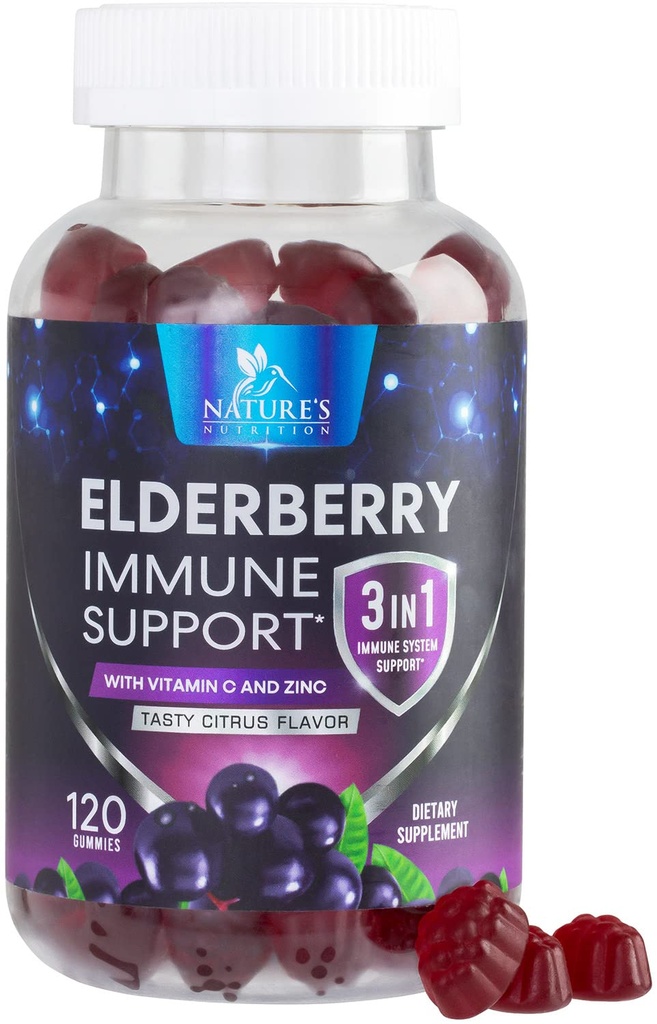 Elderberry Gummies mit Vitamin C, D3 und Zink - Immununterstützung Gummy für Kinder & Erwachsene, Black Elderberry Extract Gummy Immune Health Support Supplement, Black Elder Berry Vitamin - 120 Gummies