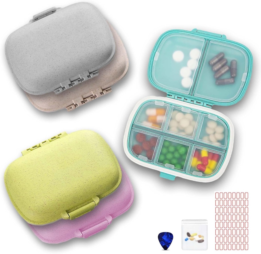 [5 Pack] Organizzatore di viaggio 8 scomparti Facile Open Lid Portable Pill Case Daily Pill Organizer Moisture Proof Small Pill Box per tasca (Blue+Gray+Pink+Khaki+Green)