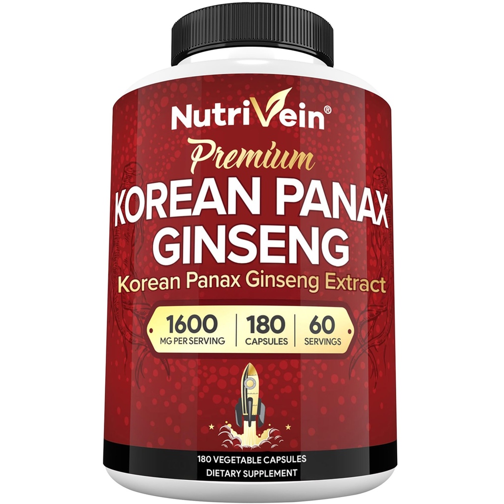 Nutrivein Coréen Rouge Panax Ginseng 1600mg – Formule Extra Streng – 180 Capsules – Boost Energy, Mental Focus & Immmune Health Naturellement