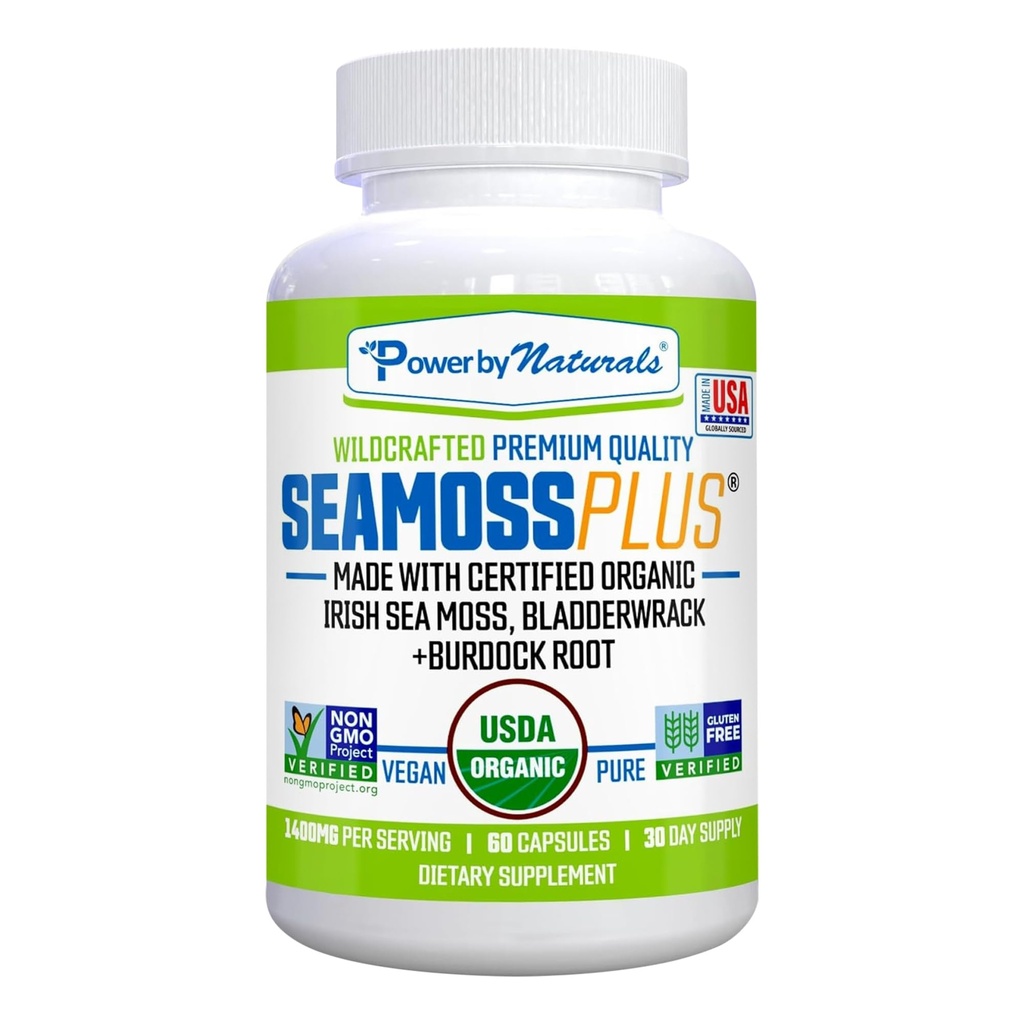 Power By Naturals SeaMoss Plus - USDA Organic Irish Sea Moss Capsules w/Wild Harvested Irish Seamoss, Bladderwrack & Burdock Root Immunity Supplement Sea Moss Pills für Erwachsene 60Ct - 1 Pack