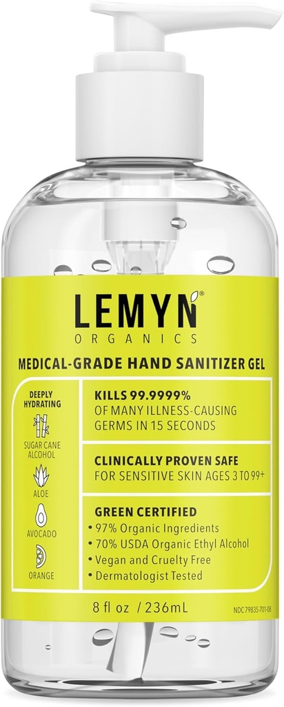 Medical‐Grade Hand Sanitizer Gel – 97 % Bio | 70 % USP Ethylalkohol | Feuchtigkeitsspendende Aloe + Hyaluronsäure | Frisch Made in USA | 8oz Flasche mit Pumpe
