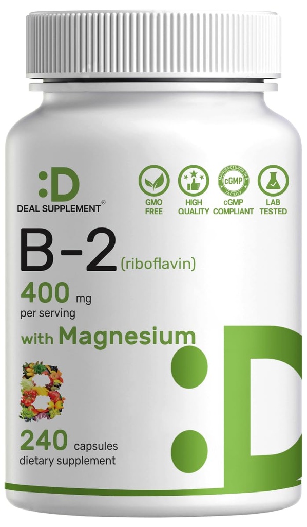 Vitamina B2 400mg (Riboflavina) | con Magnesio Glycinate 400mg, 240 capsule – 2 in 1 Supporto Sistema Nervoso, Mood, Produzione Sangue & Energia, Non OGM