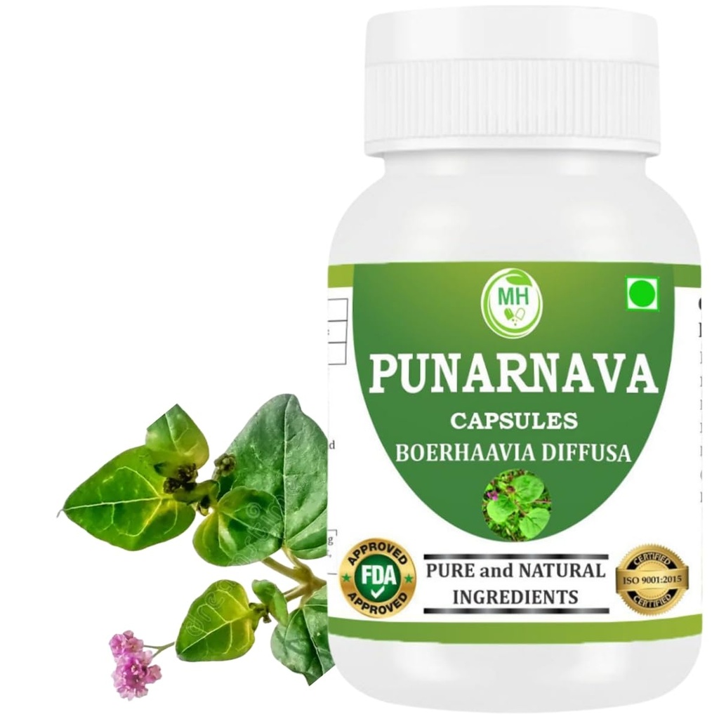 Punarnava Capsules (Boerhaavia Diffusa) 500mg – 60 Veg Capsules | Integratore Benessere Erboso per Rene Naturale & Liver Support | Detox & Cleansing Formula | Confezione da 1