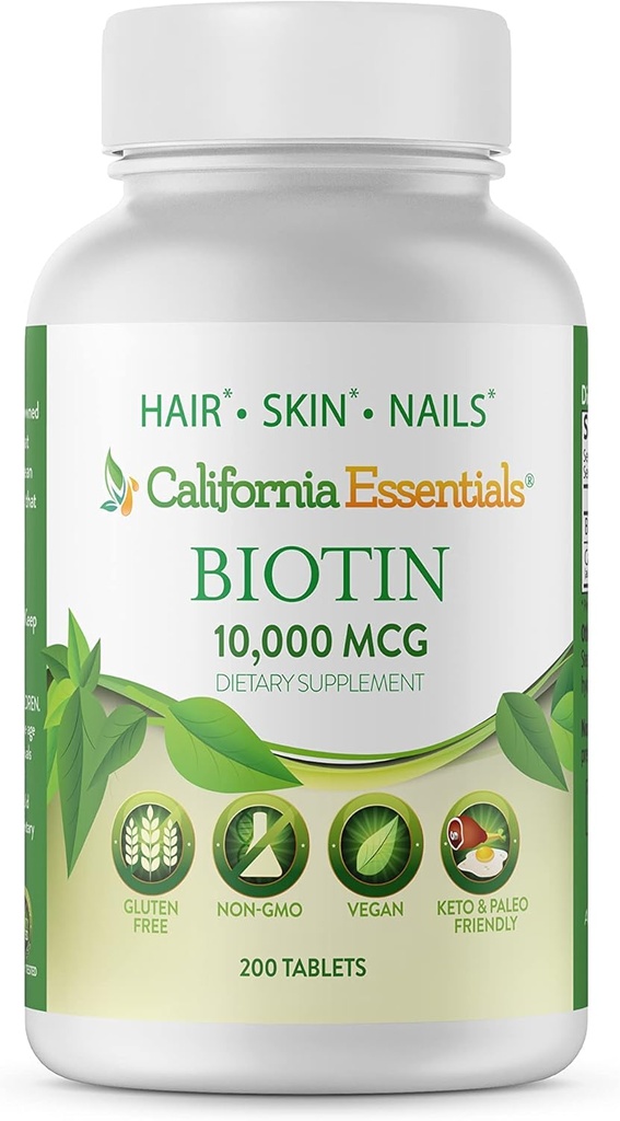 California Essentials Biotin 10000mcg | Vitamin B7 fördert gesunde Haut, Haar- und Nagelwachstum | Hohe Potenz Ernährungsergänzung für Männer & Frauen | Non-GMO, Vegan, Gluten & Dairy Free (200 Tabletten)