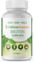California Essentials Biotin 10000mcg | Vitamin B7 fördert gesunde Haut, Haar- und Nagelwachstum | Hohe Potenz Ernährungsergänzung für Männer & Frauen | Non-GMO, Vegan, Gluten & Dairy Free (200 Tabletten)