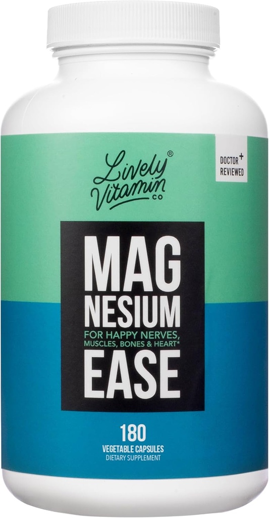 Lively Vitamin Co. Magnesium Ease - Chelat - Hochverfügbar - Spannung - Nerven - Immunfunktion - RLS - Gluten Dairy Soy Free - Non-GMO - 180 Vegan Kapseln