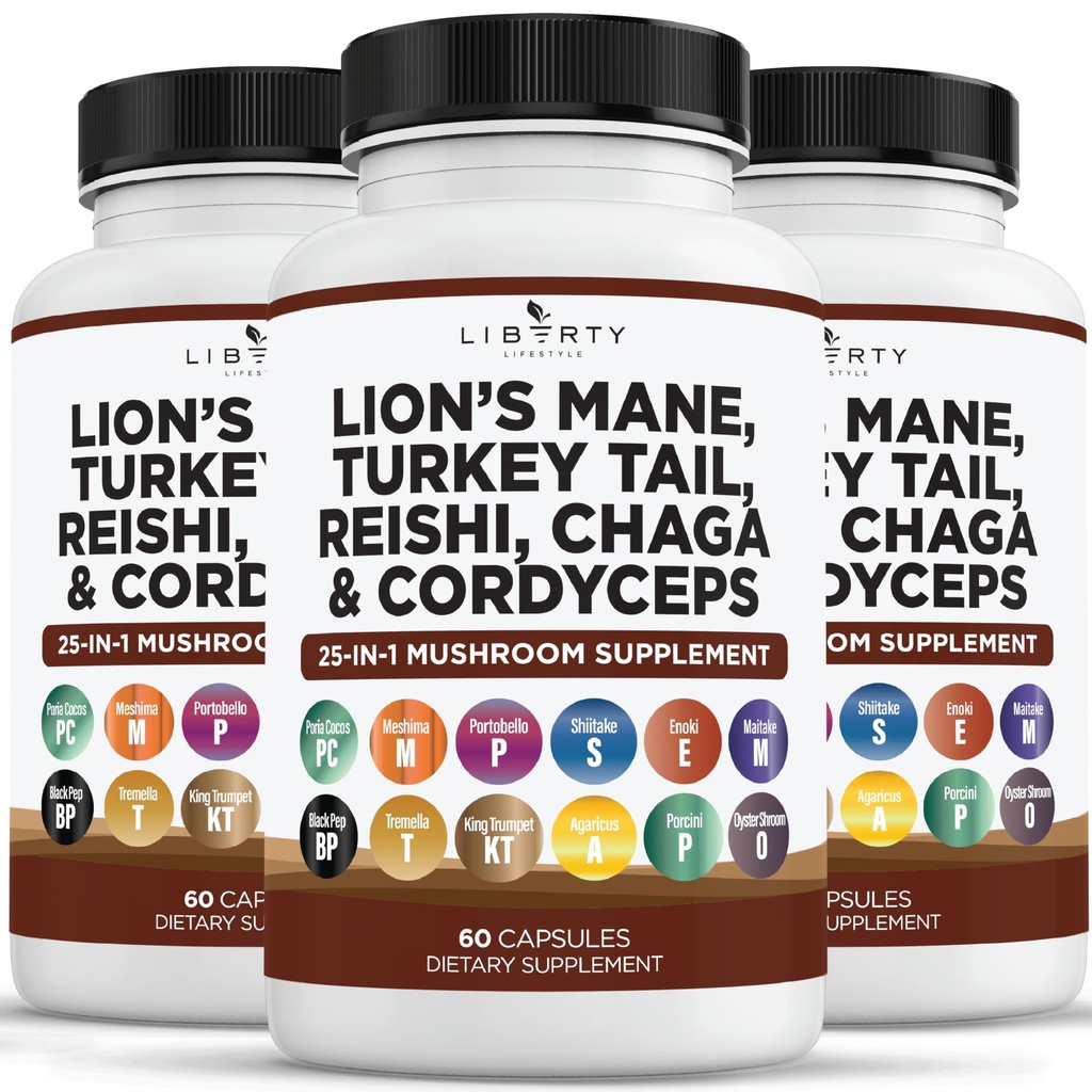 Leoni Mane Mushroom Supplemento con Turchia Tail Reishi Cordyceps Chaga con Marshmallow Root - 3-Pack