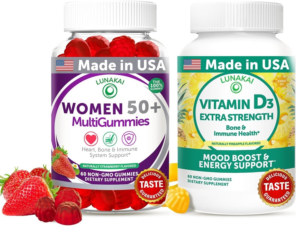 Lunakai USA ha fatto 50+ Multivitamin & Vitamina D3 Gummies Bundle, Supporta Bone, Cuore, Immune & Energy Health, Non OGM, Senza Glutine, Delicious Strawberry & Pineapple Flavors, 60ct Ogni