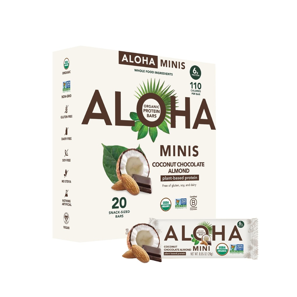 ALOHA Organic Plant Based Protein Bar MINIS |Coconut Chocolate Almond | 20 Count, 24g Bars | Vegan, Low Sugar, Gluten Free, Paleo, Low Carb, Non-GMO, Stevia Free, Soy Free, Keine Zuckeralkohole