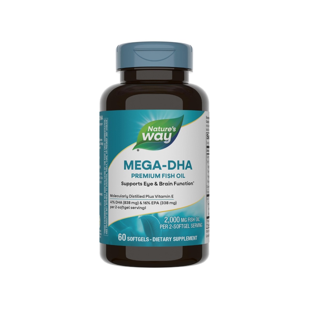 L'olio di pesce premium Mega-DHA di modo della natura, supporta la funzione occhio e cervello*, Omega-3, EPA DHA Omega 3 supplemento, 2000 mg Fish Oil per 2-Softgel Serving, 60 Softgels (Packaging May Vary)