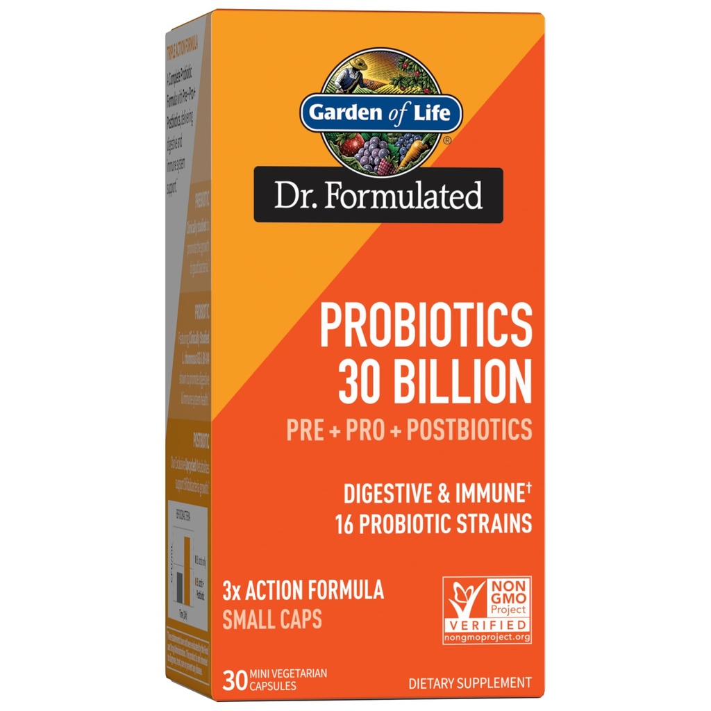 Garten des Lebens Dr. Formulierte Probiotika 30 Billion CFU Pre + Pro + Postbiotika für Männer und Frauen Verdauungs- und Immununterstützung, Kartoffel, Akazie, Postbiotische Metaboliten, 30 Mini Vegetarische Kapseln