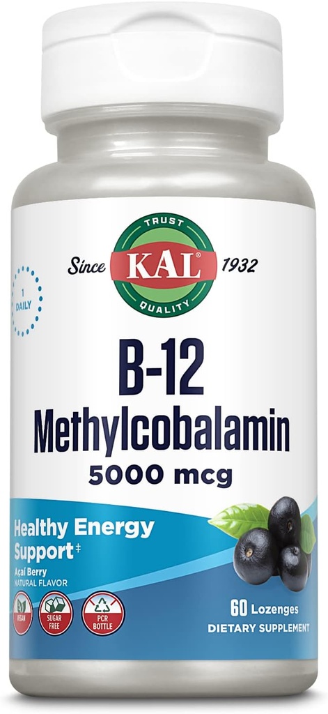 KAL Vitamin B-12 Methylcobalamin Lozenges 5000mcg, Gesunde Energie, Stoffwechsel, Nerve & Red Blood Cell Support,* Optimale Absorption, Natürliche Acai Flavor, Vegan, Zuckerfrei, 60 Portionen, 60 Lozenges