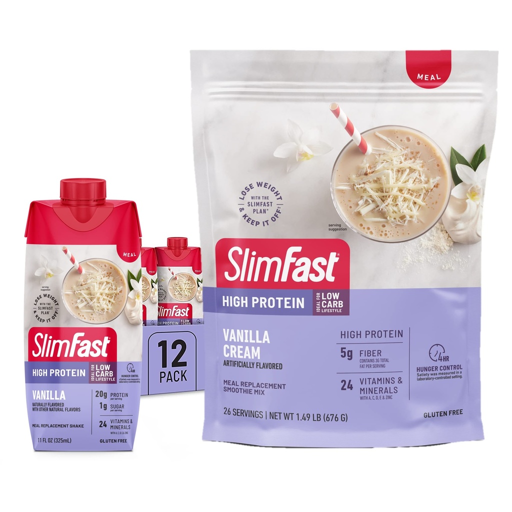 SlimFast High Protein Vanilla Bundle- 12 Count of Vanilla High Protein Meal Sostituzione Shakes (20g Protein) con 26 Serve di Vanilla High Protein Powder Mix (20g Protein)