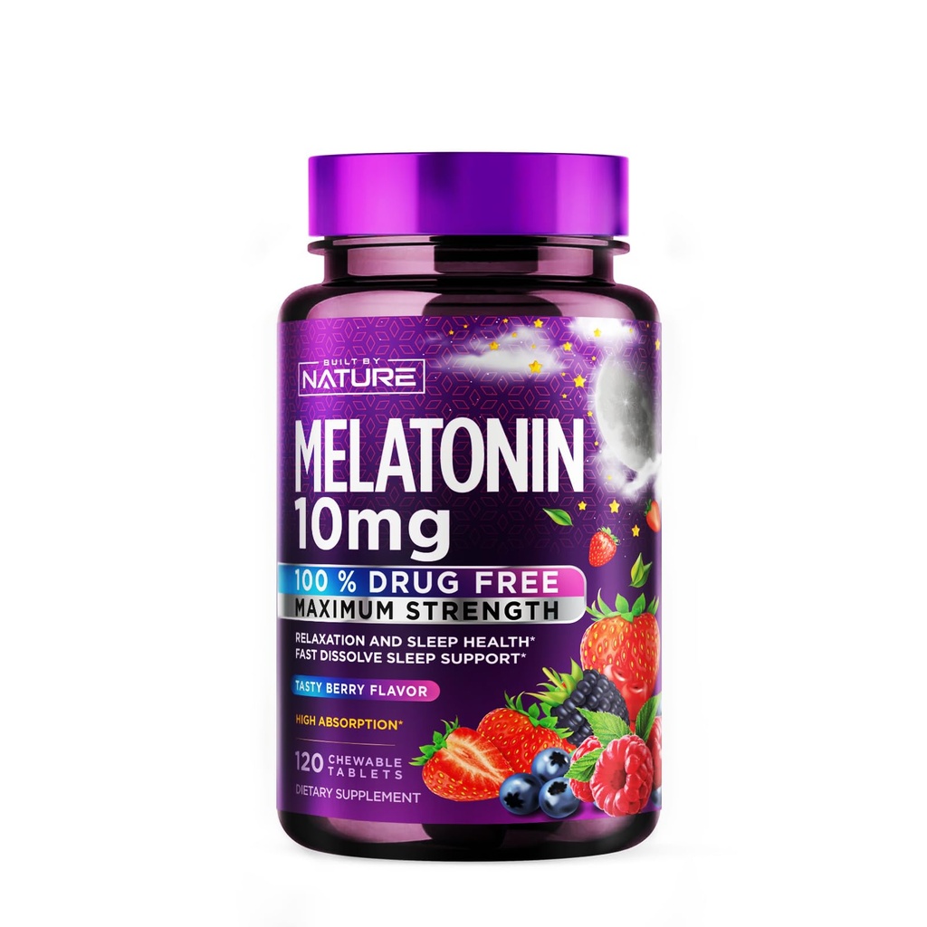 Erbaut von Nature Melatonin 10mg Chewables – Max Strength Melatonin - Fast Dissolve Chews für Erwachsene – Drug-Free Sleep Aid Supplement - Vegan, Non-GMO, Gluten-Free – Berry Flavor - 120 Chewable Tablets
