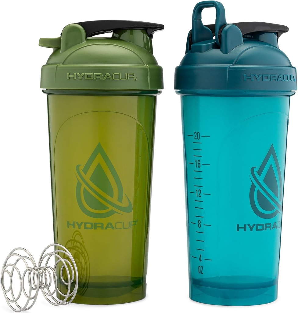 Hydra Cup ProFlow [2 Pack] Bouteilles Shaker de 28 oz pour les shakes protéiques, Bouteille Shaker avec fouet à bille, Bouteille Shaker avec poignée, Voyage pour aller, sans BPA (vert et bleu, 2 Pack)