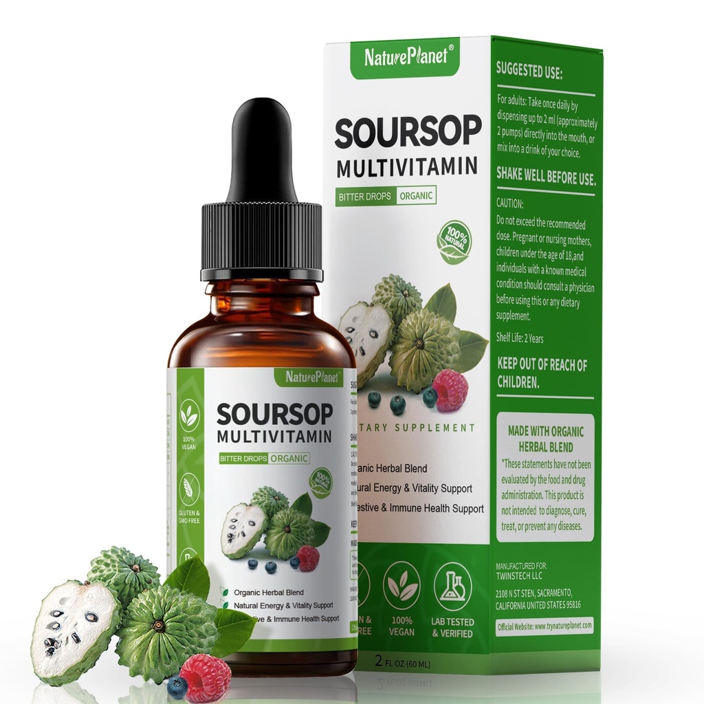 Graviola Soursop Bitters Flüssige Tropfen mit Vitamin C, D3, B6, 5000mg Soursop Fruit & Blatt Extract + 10 Bitters Botanicals für Immununterstützung Verdauungshemmende Gesundheit Antioxidans Boost behandeltNon-GMO Vegan 2 Fl Oz